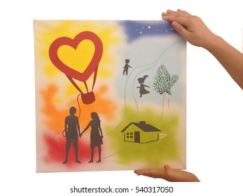 Painting happy family  Picture for lovers gift  Fly in balloon  Air red heart  enjoy life  handmade  airbrush 