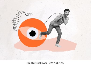 Painting image banner collage young guy carry huge eyeball install modern new cyber personal data protection from hackers