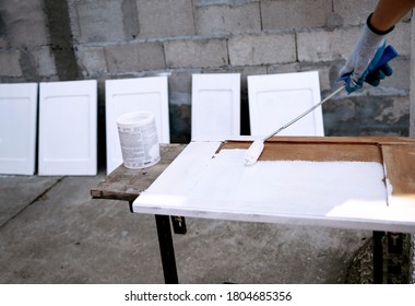 Painting Kitchen Cabinets In White Using A Roller. Redecoration Home Wood Furniture 