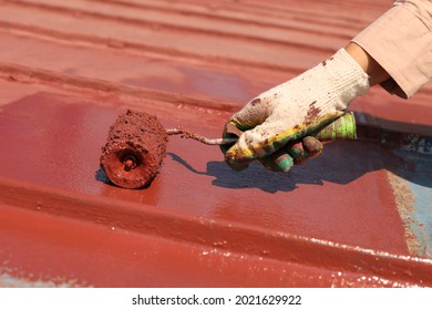 Painting an old metal roof with a roller