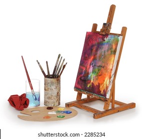 Painting On Canvas, Art Palette, Brushes And Easel Isolated On White Background.