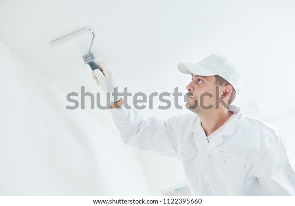 Painting Painter Paint Roller Covering Ceiling Stock Photo Edit