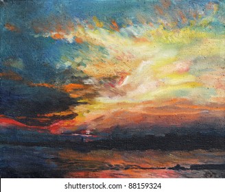Painting, sunset on the Dnieper