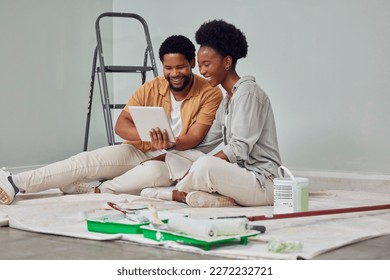 Painting, tablet or black couple in home renovation, diy or house remodel online shopping together. Digital, ecommerce choices or African man on the internet with woman excited about family property - Powered by Shutterstock