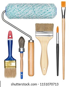 Painting Tools. Paint Brushes And Roller