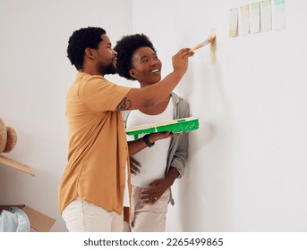 Painting, wall or home with a black couple in DIY, renovation or house remodel together with a paintbrush. Teamwork, partners or African man with happy pregnant woman excited about baby or new family - Powered by Shutterstock