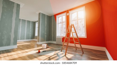 Muro de pintura rojo en la habitación antes y después de la restauración o renovación