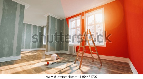Painting wall red in room before and after\
restoration or\
refurbishment