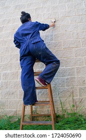 Painting Woman Dressed In Work Overalls Climbing An Old Wooden Ladder Painting With A Paint Brush. Low Angle Shot.