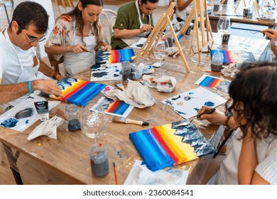 Painting Workshop. Painting class work table.