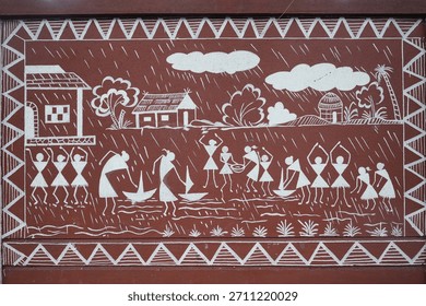 The paintings use basic geometric shapes, such as circles, triangles, and squares, to depict scenes from daily life, including farming, celebrations, and rituals. Traditional Warli painting.