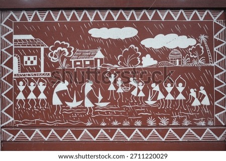 The paintings use basic geometric shapes, such as circles, triangles, and squares, to depict scenes from daily life, including farming, celebrations, and rituals. Traditional Warli painting.