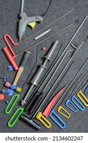 Paintless Dent Repair Kit Tools Set On The Work Table. 