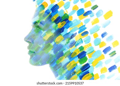 Paintography. Blue and yellow abstract painting mixed with a portrait of a woman