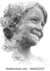 Paintography. Double Exposure Close Up Portrait Of Happy Boy Dissolving Into Hand Drawn Ink Painting With Brushstroke Texture, Black And White