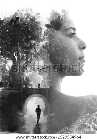 Paintography. Double exposure profile portrait combined with hand drawn ink painting of a single person, a bird and a bridge