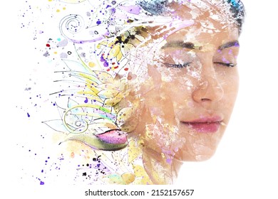 Paintography. A painting of flowers combined with a portrait of a woman - Shutterstock ID 2152157657