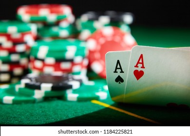 A Pair Of Aces And Chips. Blackjack Winning Hand.