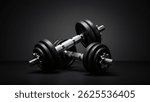 Pair of adjustable dumbbells with black weight plates and knurled silver handles on a dark gray background. Fitness and strength training equipment. dumbbells, weights, black, silver