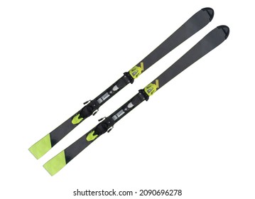 Pair of alpine skis isolated on white background. Sport equipment for skiing. 