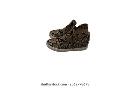 A pair of ankle boots with a snakeskin pattern. They have a hidden wedge heel and a zipper on the side. - Powered by Shutterstock