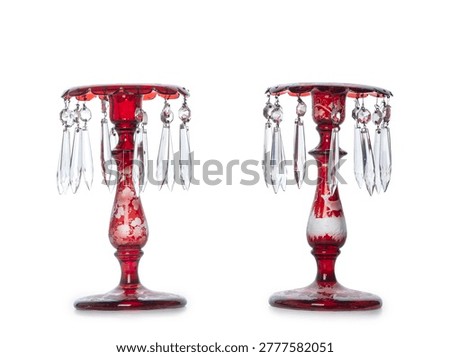Pair of Antique Bohemian Ruby Red Cut-to-Clear Crystal Lustres with Prisms and Etched Stag Scene