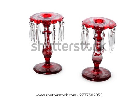 Pair of Antique Bohemian Ruby Red Cut-to-Clear Crystal Lustres with Prisms and Etched Stag Scene