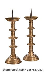 Pair Antique Vintage Large Brass Pricket Candle Stick Holders Isolated On White Meant For Large Refectory Table