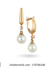Pair of Beautiful Gold Earrings with Diamonds and Natural Pearls / Isolated on White background - Shutterstock ID 174706148