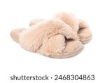 Pair of beige soft slippers isolated on white