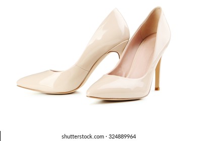 Pair Of Beige Women's High-heeled Shoes Isolated On A White