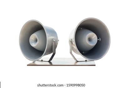 Pair of big retro car roof loudspeakers mounted on wooden plate isolated on white background. Urgent or emergency announcement , message or alert concept