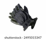 A pair of black and green leather gloves designed for outdoor activities or motorcycle riding.