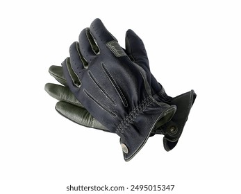 A pair of black and green leather gloves designed for outdoor activities or motorcycle riding. - Powered by Shutterstock