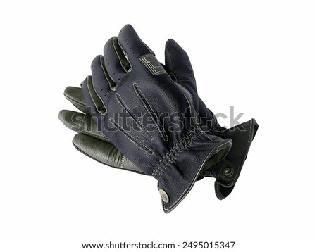 A pair of black and green leather gloves designed for outdoor activities or motorcycle riding.