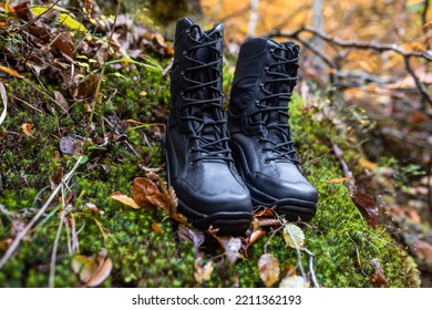 Pair Of Black Hiking Shoes Isolated On The Nature Background.