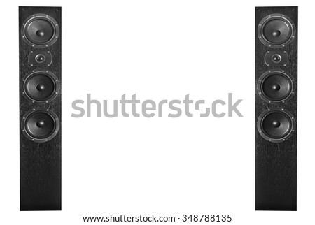 Pair of black music speakers isolated on white background