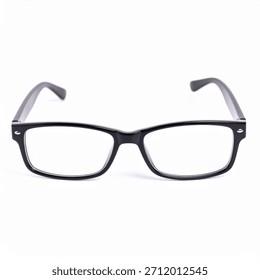 Pair of black rectangular eyeglasses with clear lenses and silver accents, isolated on a white background.