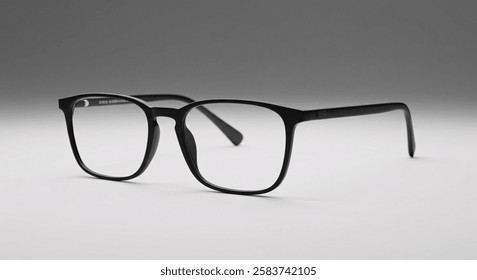 A pair of black rectangular eyeglasses with a sleek modern frame rests on a white surface, symbolizing style, vision, and intellectual elegance.