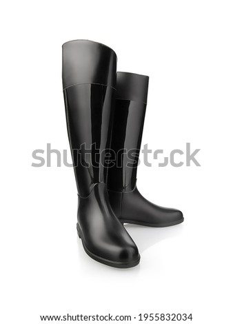 Pair of black rubber boots on white background
