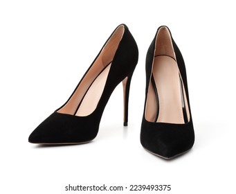 Pair of black suede high heel shoes isolated on white - Shutterstock ID 2239493375