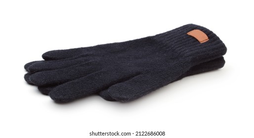 A Pair Of Black Winter Warm Wool Gloves Isolated On White. Side View.