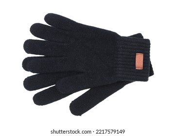 Pair Of Black Wool Gloves Isolated On White. Top View.