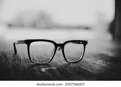 A pair of black-framed eyeglasses resting on a textured wooden surface in an outdoor setting. The image is in black and white, with a shallow depth of field that creates a blurred background, drawing. - Powered by Shutterstock