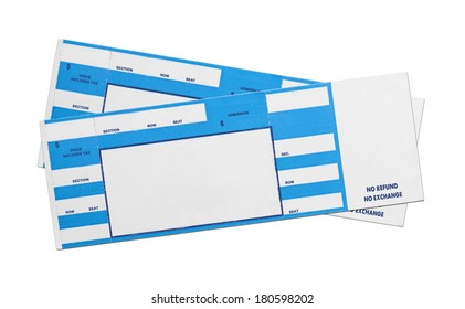 Pair Of Blank Blue Concert Performance Tickets Isolated On White Background.