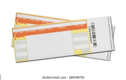 Pair of Blank Concert Tickets Isolated on White Background.