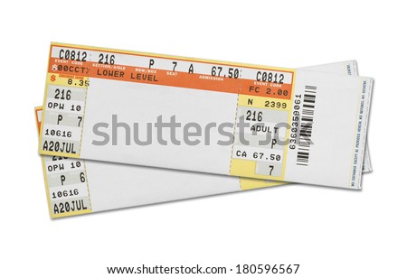 Pair of Blank Concert Tickets Isolated on White Background.