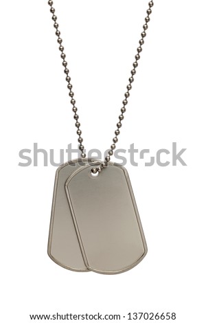 Pair of Blank Metal Tags Hanging on Chain. Isolated on a White Background.