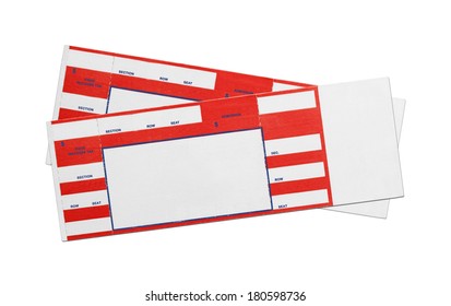 Pair of Blank Red Concert Performance Tickets Isolated on White Background.