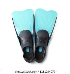 Pair of blue flippers on white background, top view